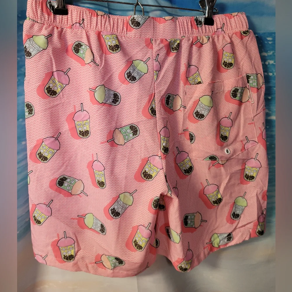 Mossman NWOT Mens Boba Drink Print Pink Swim‎ Trunk Size Large